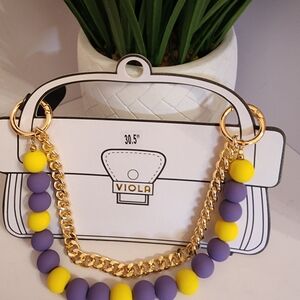 Purple and Yellow Beaded Necklace with Gold Chain